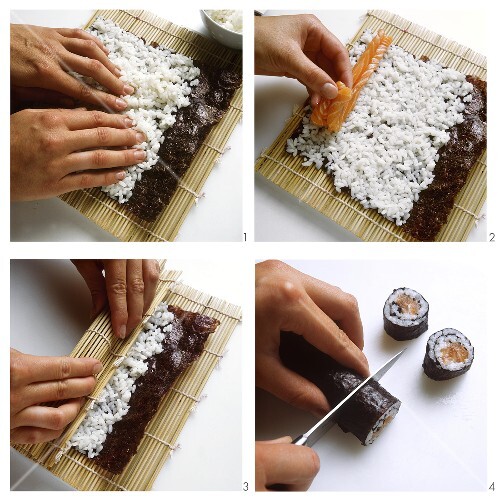 Preparing Nori sushi with salmon