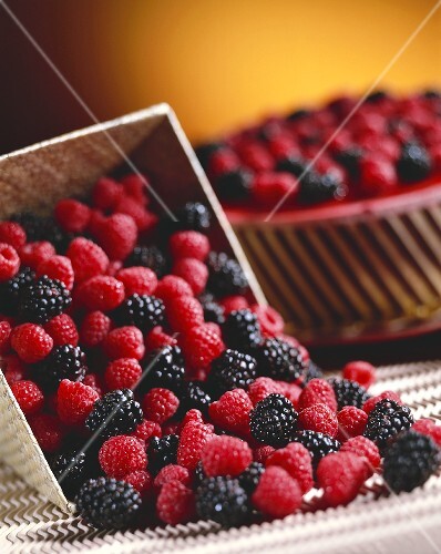 Raspberries and Blackberries Spilling from a Basket