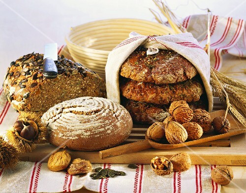 Still life with brown bread and nuts