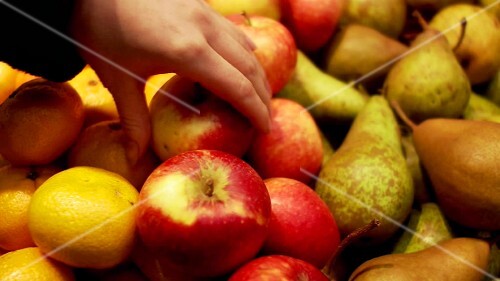Mandarin oranges, apples and pears, hand taking an apple