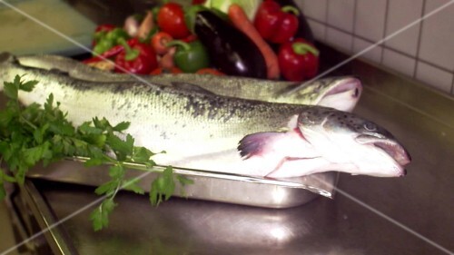 Chef carrying platter of salmon into restaurant kitchen, Sweden