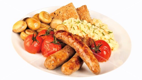 Sausage, bacon, tomatoes, beans & bread & chives for breakfast