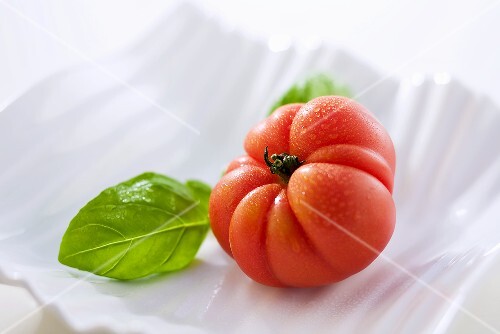 Oxheart tomato and basil in ceramic dish