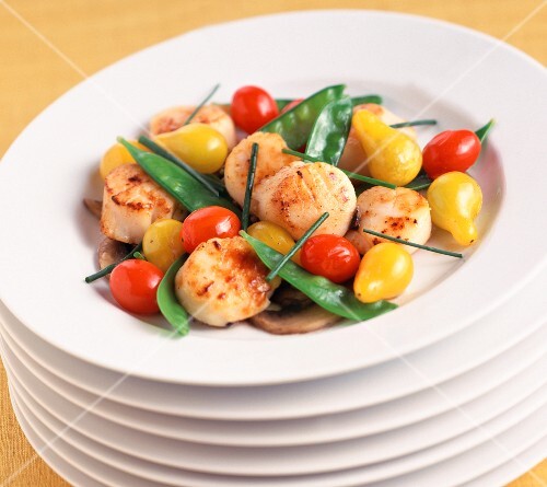 Scallops and Veggies in Stacked White Bowls