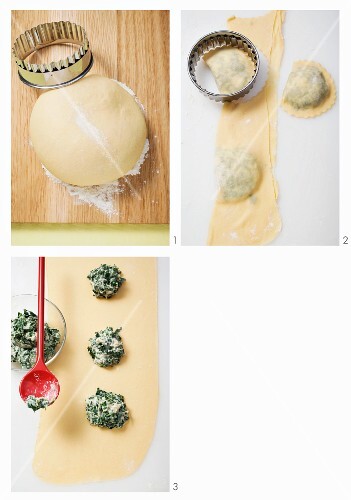 Spinach and ricotta filled ravioli being prepared