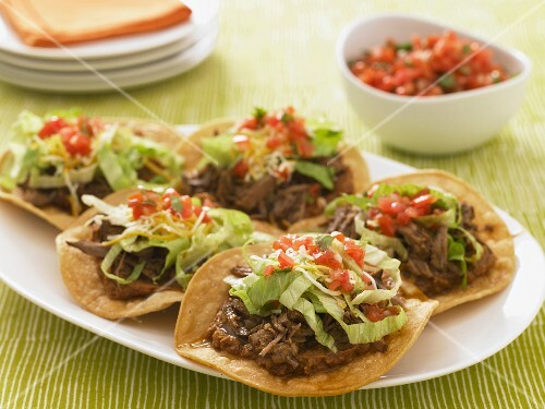 Platter of Beef Tostadas; Bowl of Salsa