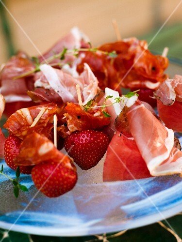 Strawberry and watermelon skewers with ham