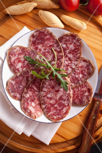 Iberian hard sausage, sliced
