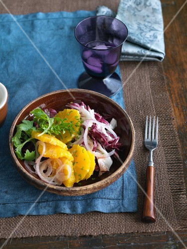 Orange and Red Onion Salad in a Bowl; Fork