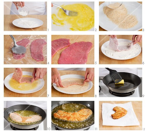 Making Wiener Schnitzel (breaded veal escalopes)