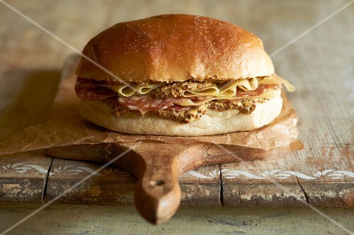 Salami and Havarti Cheese Sandwich with Spicy Whole Grain Mustard on Artisan Bread