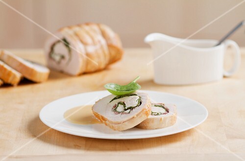 Turkey roulade filled with spinach and feta cheese