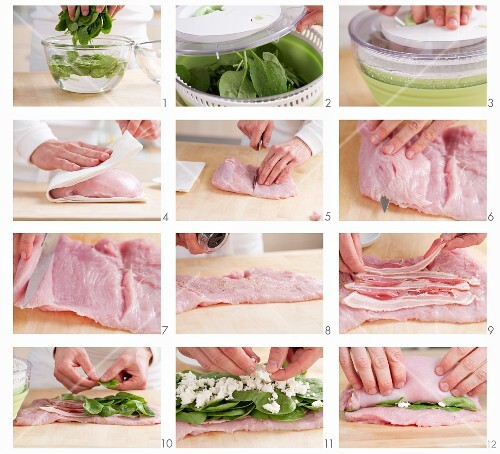 Turkey roulade filled with spinach and feta being made