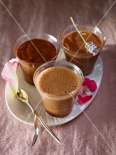 Three chocolate mousses (dark chocolate, nougat and milk chocolate)
