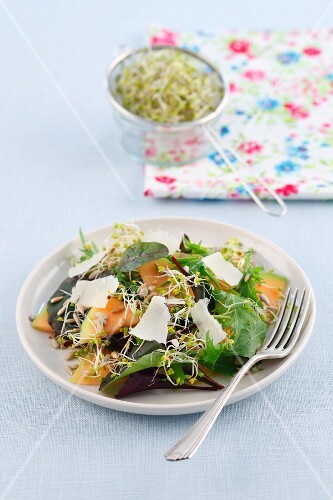 A salad made with cantaloupe melon, sunflower seeds, broccoli and Parmesan cheese