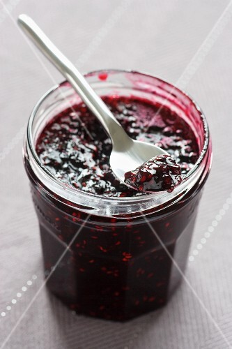 A jar of blackberry and raspberry jam