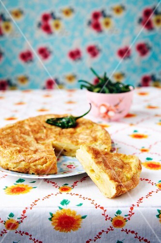A potato tortilla, sliced