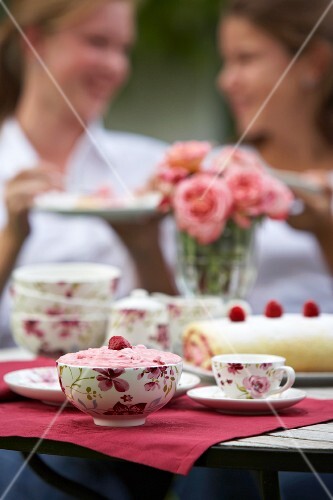 Raspberry Swiss roll and raspberry cream a garden table