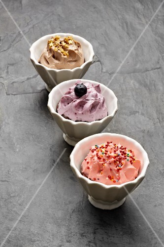 Strawberry ice cream, redcurrant ice cream and chocolate ice cream