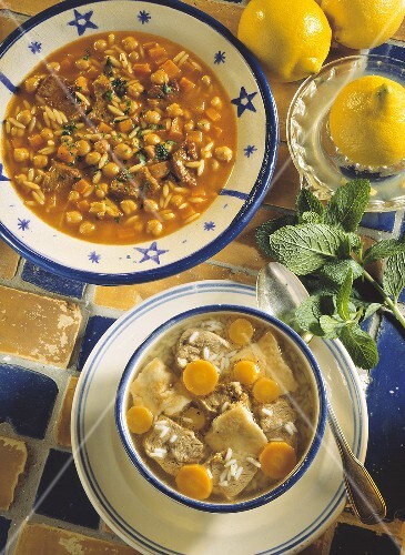 Two Assorted Soups; Chick Peas and Orzo and Lamb with Carrots