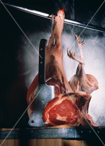 Hanging Pork Knuckle and Chicken; Prime Rib of Beef
