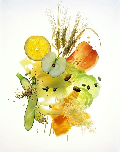 Vegetables, fruit, cheese, ham, sliced salmon & cereals, rice