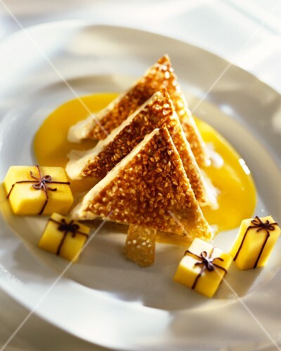Sesame parfait on mango sauce