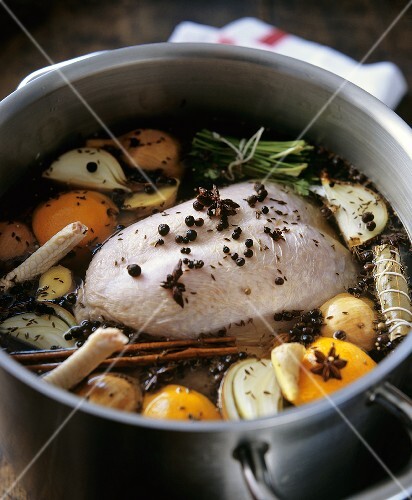 Boiling fowl in vegetable stock