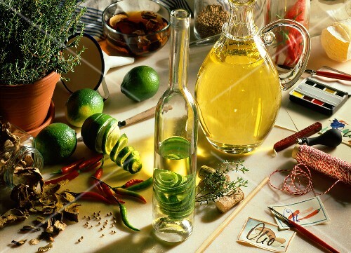 Still life with ingredients for home-made spiced oils