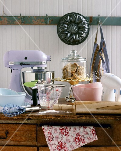 Several baking utensils on a table