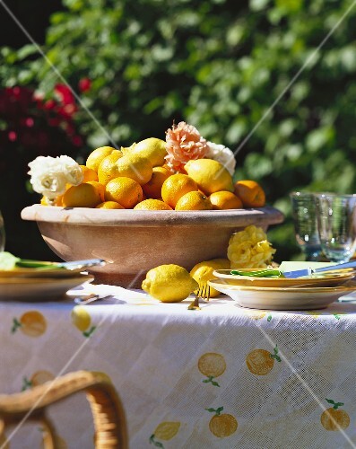 Bowl of Lemons and Oranges on a Table