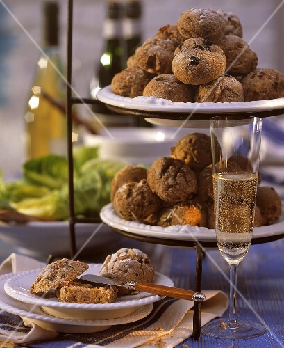 Party rolls on plate & tiered stand; champagne glass (1)