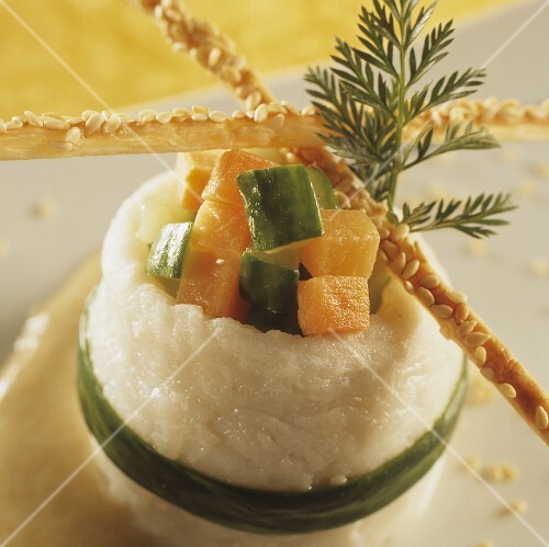 Turbot rolls with carrot & cucumber stuffing & sesame sticks