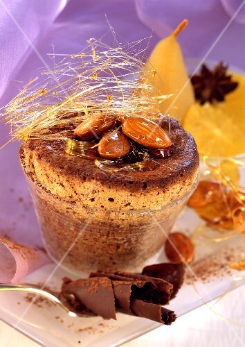 Almond chocolate soufflé with caramel strands