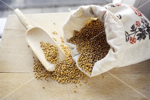 Mustard seeds in linen bag