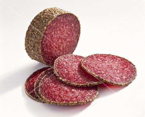 Pepper salami, partly sliced