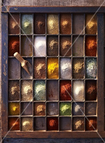A seedling tray filled with various spices, seen from above