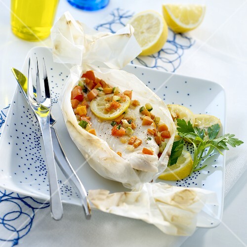Turbot and vegetables in parchment paper