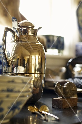 Antique silver thermos can, crockery and cutlery