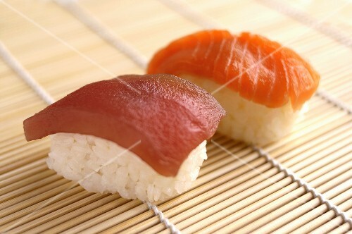 Tuna and salmon nigiri sushi