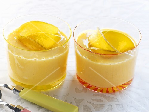 Mango lassi made with kefir in two glasses