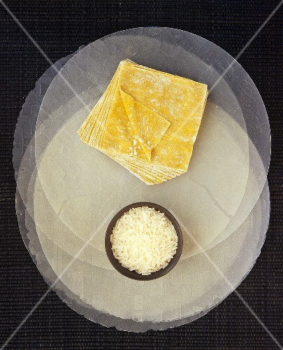 Jasmine rice, wonton wrappers and rice paper