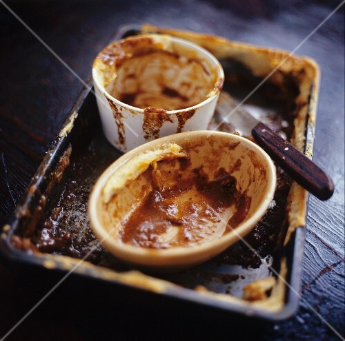 Empty, used pie dishes with remains of crust and gravy
