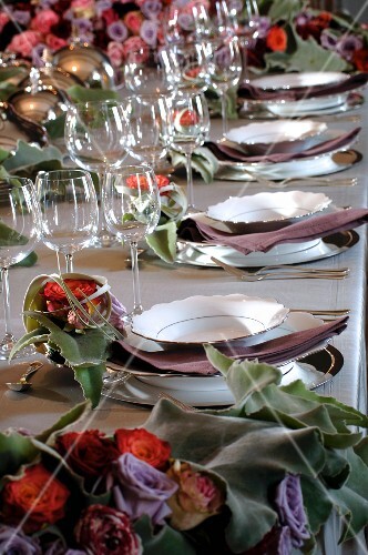 A festively decorated trestle table with flowers