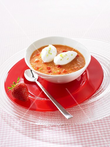 Chilled strawberry and mango soup with egg white gnocchi