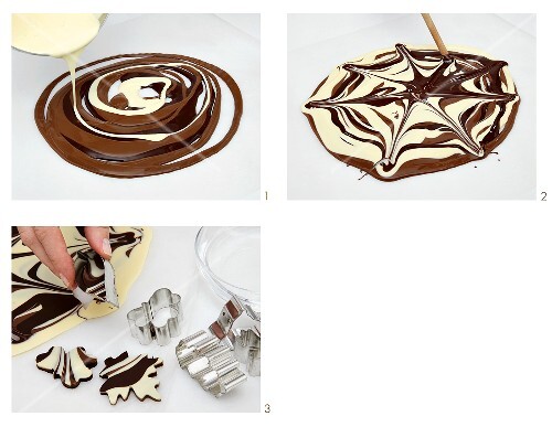 Marbled chocolate being prepared and shapes being cut out ofit