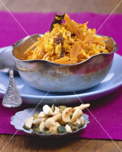 Spicy Indian pilaw with carrots, apricots and raisins