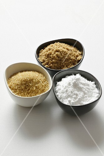 Demerara sugar, muscovado sugar and icing sugar