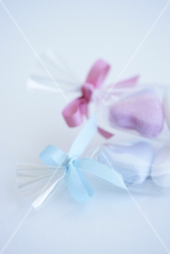 Sugar hearts in clear foil as a gift
