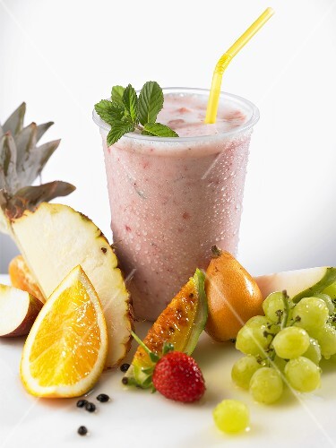Strawberry smoothie and fresh fruit